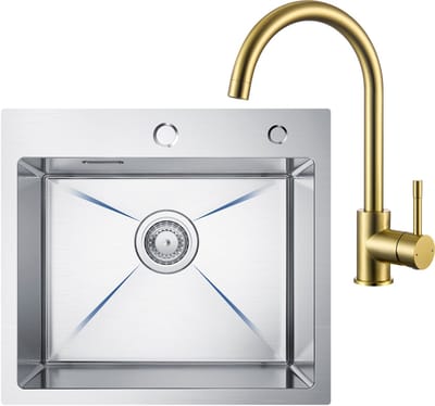 CECIPA max Spoelbak Keuken 50x45CM - Gootsteen RVS - Spoelbakken Met Goud Keukenkraan en Kraangat - Spoelbakken Keuken - Wasbak Keuken - Enkele Spoelbak - Spoelbakken met afdruip - RVS