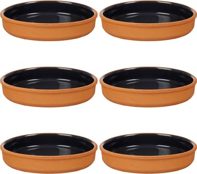 La Dehesa Tapas serveerschaal - 6x stuks - terracotta - zwart - D23 x H4 cm - hapjes serveren - ovenschaal - rond