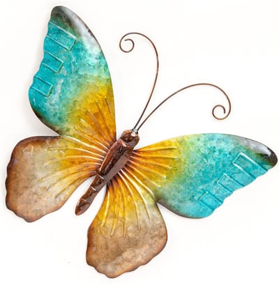 Anna's Collection Wand decoratie vlinder - blauw - 44 x 32 cm - metaal - muurdecoratie/schutting - buiten - tuinbeelden van dieren