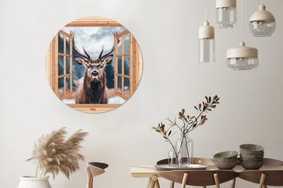 WallCircle - Wandcirkel - Muurcirkel - Doorkijk - Hert - Dieren - Winterlandschap - Sneeuw - Aluminium - Dibond - 90x90 cm - Binnen en Buiten
