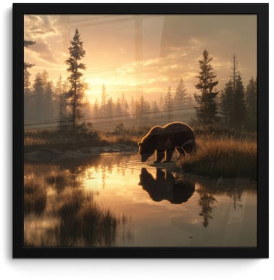 Poster in lijst - Fotolijst 40x40 cm - Posters - Beer - water - Bos - Ochtendlicht - Posterlijst zwart - Decoratie - Wanddecoratie woonkamer - Muurdecoratie slaapkamer