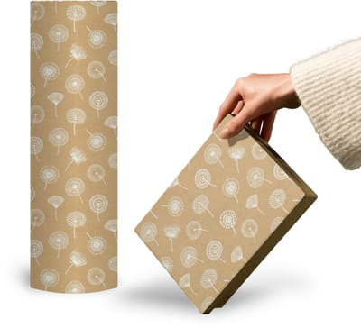 Papierrol Cadeaupapier – Nature Kraft Dandelion – 50cm x 150m – Bruin Inpakpapier met Witte Plantenprint – 70g/m² – Duurzaam & Recyclebaar – Kraftpapier voor Bloemen, Geschenkverpakking & Decoratie