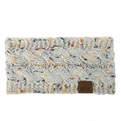 Crèmekleurige gebreide hoofdband dames met multicolor details – winter haarband met kabelpatroon – warme elastische oorwarmer met leren label – zachte gebreide band voor koude dagen