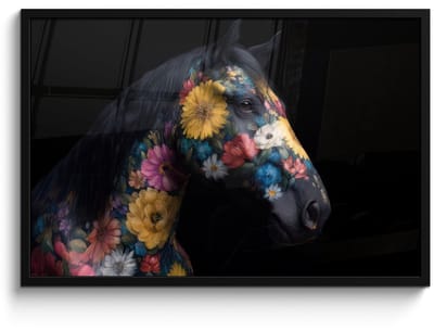Poster in lijst - Fotolijst 90x60 cm - Posters - Paard - Bloemen - Zwart - Posterlijst zwart - Decoratie - Wanddecoratie woonkamer - Muurdecoratie slaapkamer
