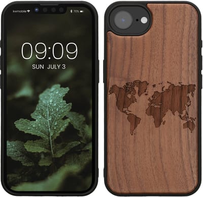 kwmobile telefoonhoesje geschikt voorApple iPhone 17e / iPhone 16e - Hoesje met bumper - hout - In donkerbruin Wereldkaart design