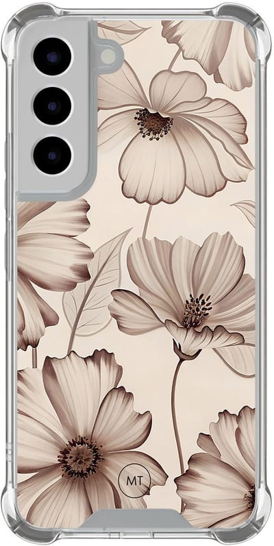 Hoesje (shockproof) geschikt voor Samsung Galaxy S22 - Sand flowers - Extra sterke case - TPU/polycarbonaat - Bloemen - Beige, Transparant
