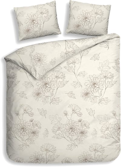Heckettlane Dekbedovertrek Gigi - Bedlinnen met Bloemen print - 240x200-220 cm - Lits-Jumeaux - Off-White - Dekbedovertrek van 100% Katoen-Flanel