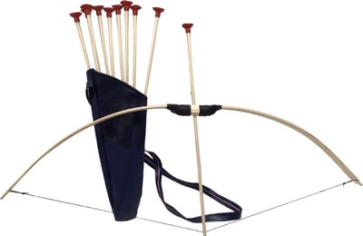 Houten PIJL EN BOOG Blank 100cm. Uitrusting met rug koker blauw voor pijlen ( 10 pijlen )