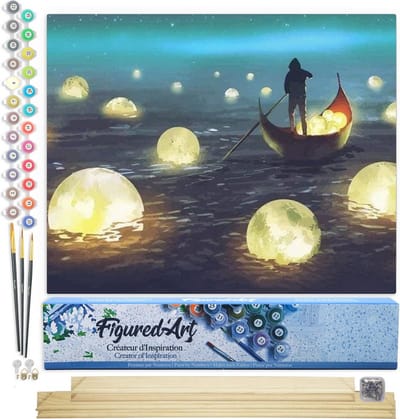Figured'Art Schilderen op Nummer Volwassenen canvas Maan Meer - Handwerk acrylverf Kit DIY Compleet - 40x50cm met DIY houten lijst