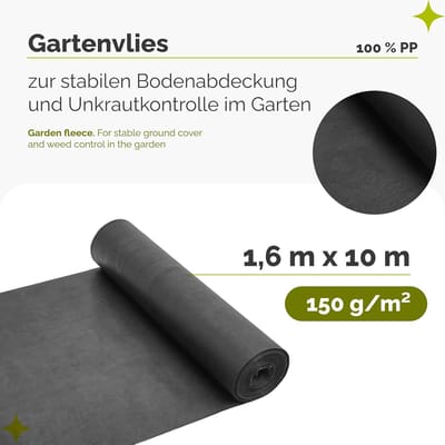 Onkruidvlies Tuinvlies - Bodembedekker Vliesdoek - Onkruidvrij Houden - Waterdoorlatend Scheurvast - 16 x 10 meter - Zwart