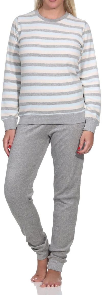 Dames Badstof pyjama met lange mouwen en manchetten - blokstreep-look - ook in overmaten