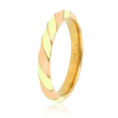 My Bendel - Goudkleurige Ring met Oranje en Groen Epoxy - Goudkleurige Ring - Oranje en Groen Epoxy - Kleurrijk Accessoire - met Luxe Cadeauverpakking | Sieraden Voor Dames | Maat 16.00 Mm / Maat 50