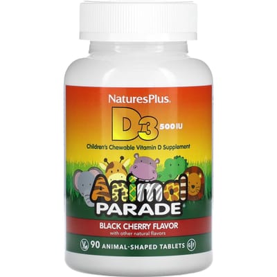Nature's Plus-Source of Life, Animal Parade, Vitamine D3, Natuurlijke Zwarte Kersensmaak, 500 IE, 90 Dierenvormige Tabletten