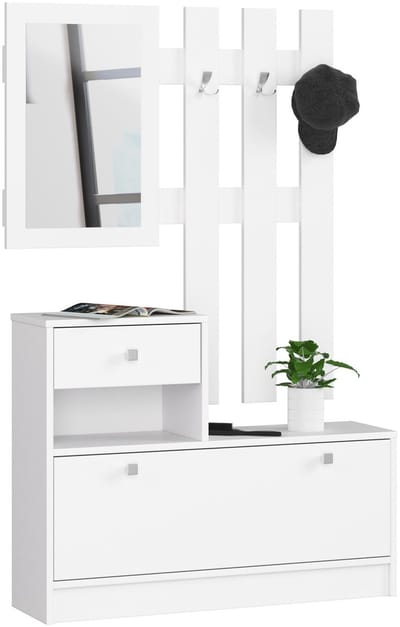 Witte Klassieke Hal Meubelset met Spiegel | Zelfbouw Maten (HxBxD): 170x90x25 cm | Functionaliteit: Deur & Lade | Materiaal: Gelamineerd met ABS Rand | Stijlvol Mat Afgewerkt