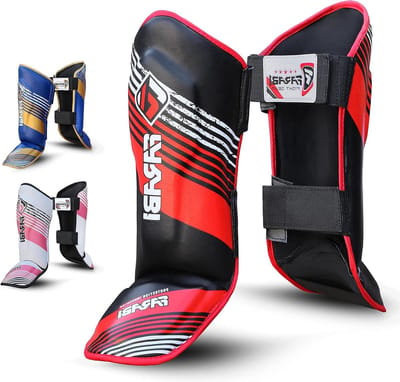 Kickboksen scheenbeschermers kinderen Shin Instep MMA boksen - Muay Thai - kickboksen - karate - taekwondo - vechtkunsttraining zwart-rood