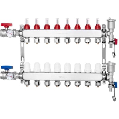 Collecteur de Chaleur Radiante à 8 Branches Tuyau PEX 1/2  Ensemble de Collecteur pour Chauffage au Sol
