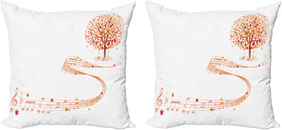 ABAKUHAUS Decoratieve kussenhoezen voor de herfst, set van 2, bladmuziek en not 40x40 cm, wit oranje