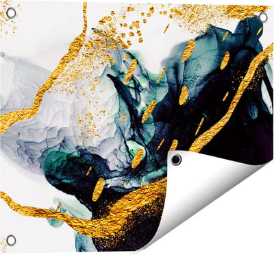 Gards Tuinposter Abstracte Kunst - Zwart Wit met Gouden Strepen - 50x40 cm - Tuindoek - Tuindecoratie - Wanddecoratie buiten - Tuinschilderij