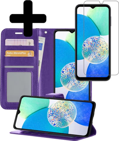 Hoesje - Met Screenprotector - Geschikt voor Samsung Galaxy A14 - Luxe Pasjeshouder - Bookcase Portemonee - Flip Case - Kunstleer Book Case - Flipcase - Book Cover - Walletcase - Portemonneehoes - Telefoonhoesjes - Paars