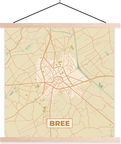 Posterhanger incl. Poster 40x40 cm - Schoolplaat - Kaart - Stadskaart - Retro - Bree - Plattegrond. - Textielposter - Blanke latten - Stadskaart