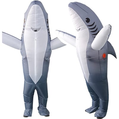 Aufeeky Volwassen Haai Kigurumi Cosplay Opblaasbaar Perfect voor en Kostuum, Luchtgevuld Kostuum, Kerstmis, Halloween, Jaarlijks Feest. Lichtgewicht, white