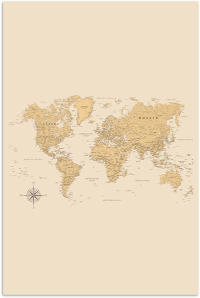 Poster 120x180 cm - Wereldkaart - Realistisch - Beige - Posters - Kamer decoratie - Wanddecoratie woonkamer - Muurdecoratie slaapkamer XXL