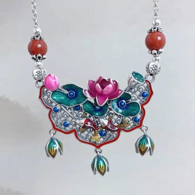 Verse Klassieke Gekleurde Emaille Lotusblad en Bloemen Kwastje Ketting Hanger voor Vrouwen Sleutelbeenketting Sieraden 55cm gray