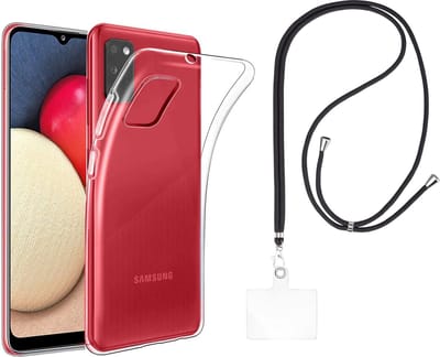 Set met hoesje en nekband voor Samsung Galaxy a02s - Flexibele, transparante TPU-bescherming, verstelbare universele nekband voor mobiele telefoons, zwarte nekband, transparante draagriem van Phonillico®