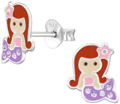 Joy|S - Zilveren zeemeermin oorbellen - 8.1 x 9.8 mm - bruin roze paars met lila kristal - kinderoorbellen
