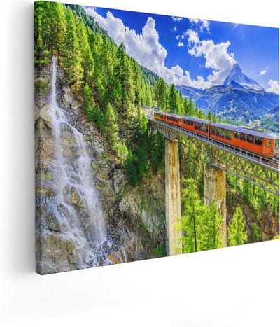 Artaza Canvas Schilderij Waterval - 50x40 cm - Wanddecoratie Bergen - Muurdecoratie Trein - Schilderijen Op Canvas Landschap Zwitserland