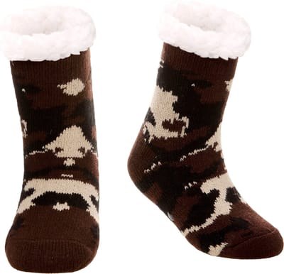 JAXY - Huissokken Dames - Verwarmde Sokken - Anti Slip Sokken - Huissokken - Bedsokken - Warme Sokken - Kerstcadeau Voor Vrouwen - Thermosokken - Dikke Sokken - Fluffy Sokken - Kerstsokken Dames en Heren - Maat 28-31 - Camo Bruin
