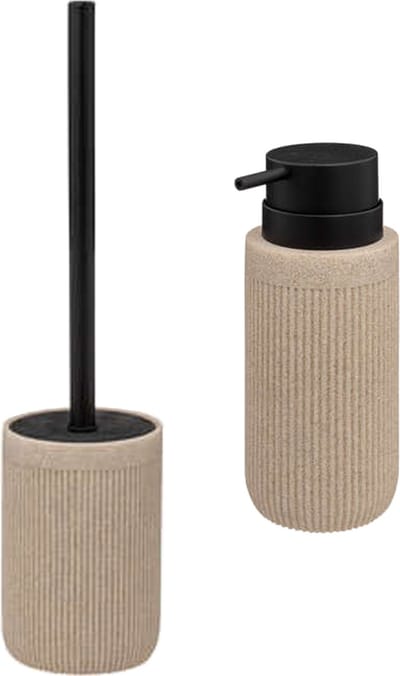 Badkamer/toilet accessoires set Onyx - WC-borstel in houder en zeeppompje - beige/zwart - 350 ml