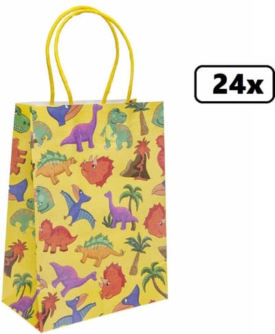 24x Koordtas Dinosaurus 16cmx9cmx22cm - dieren - goodiebag|papieren|draagtas|tas|koord|festival|kado|themafeest|party|geschenken