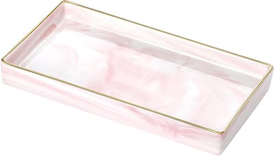 Gouden Rand Sieraden Organizer - Keramische Badkamer Vanity Tray met Draagbare Voetjes, Perfect voor Cosmetica, Ringen en Kaarsen, Klein en Roze voor Thuisdecoratie