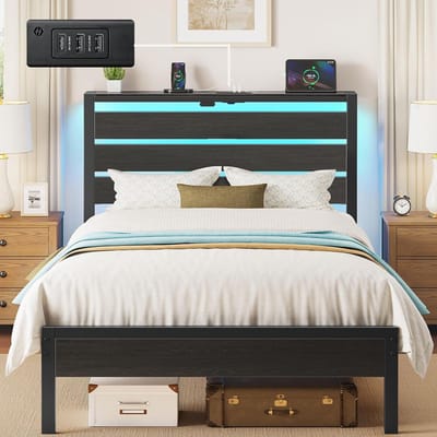 Eenpersoonsbedframe 90x190 met LED en USB Laaddock, Hout en Metaal