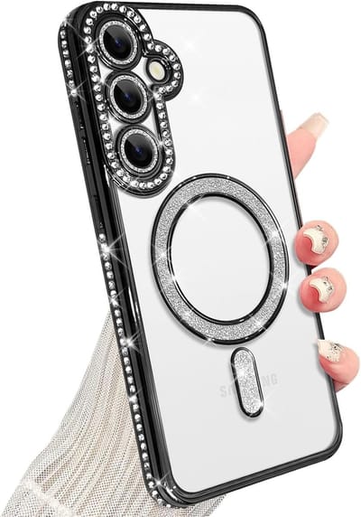 Magnetische Case Hoes Geschikt voor: Samsung Galaxy A16 [Compatibel met Magsafe] Sparkle Clear Glitter Luxe Schokbestendig Antislip Meisjes Vrouwen - Zachte TPU Cover - Zwart
