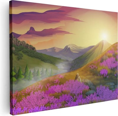 Artaza Canvas Schilderij Bloemenveld - 40x30 cm - Klein - Wanddecoratie Bergen - Muurdecoratie Natuur - Kamer Accessoires Zonsondergang