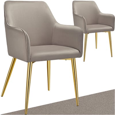 tectake® Eetkamerstoel Avane - Fluweellook - Gestoffeerde stoel met ergonomische armleuningen - Slanke stalen gouden poten - Draagkracht 120 kg - Comfortabele eetkamer- en keukenstoel - Set van 2 - Taupe
