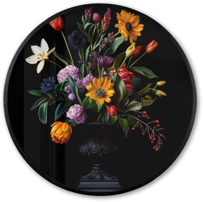 Poster in lijst Rond - Fotolijst 60x60 cm - Posters - Zonnebloemen - Boeket - Kleurrijk - Ronde posterlijst zwart - Decoratie - Wanddecoratie woonkamer - Muurdecoratie slaapkamer