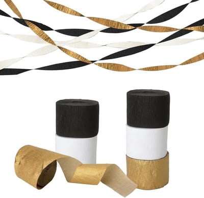 6 rollen crêpepapier in wit, goud en zwart, 4,5 cm x 25 m voor slingers en feestdecoraties, ideaal voor verjaardagen en Halloween feestjes