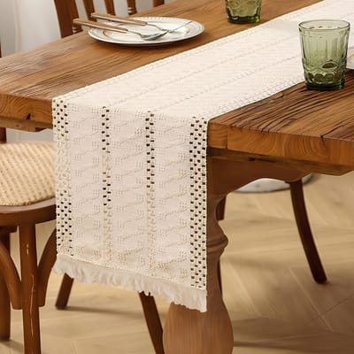 tafelloper, katoenen vlas, tafelloper, beige, tafelkleed met kwastjes, retro landhuisstijl, voor bruiloft, feest, decoratie, keuken, verjaardag, 30 x 140 cm