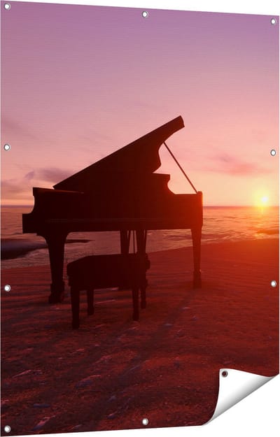 Gards Tuinposter Piano op het Strand bij Zonsondergang - 90x120 cm - Tuindoek - Tuindecoratie - Wanddecoratie buiten - Tuinschilderij