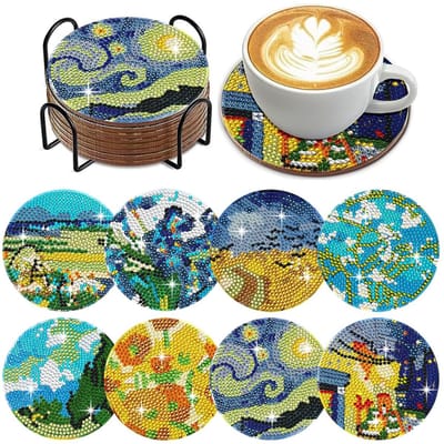 YYchan Onderzetters met houder-Diamond Painting-Set van 8 - Kurk-Van Gogh Kunst- Hittebestendig voor Buiten & Binnen - Cadeau Tip