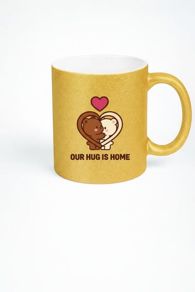 Gouden Glitter Mok met Knuffelende Beren en Liefdeshart - 'Our Hug is Home' | Romantisch Cadeau