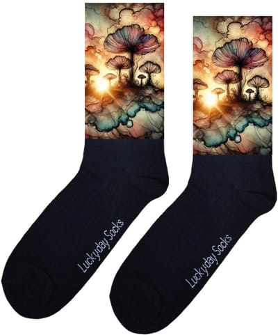 LuckyDay Socks - Aquarel paddenstoel - Kunstsokken - -Verjaardag cadeau vrouw en man - Vrolijke sokken - Valentijns cadeau - Kerst sokken - Grappige sokken - Leuke dames en heren sokken - Moederdag - Vaderdag - Socks maken Happy - Maat 37-44
