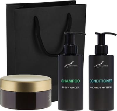 Douchepakket - Shampoo Fresh Ginger + Coconut Conditioner + Scrubzout 300 gram - 300 ml per fles - set van 3 stuks - met luxe gift tas - \cadeau - giftset voor hem en haar