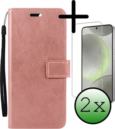 Hoesje Met 2x Screenprotector - Geschikt voor Samsung Galaxy S24 - Luxe Pasjeshouder - Bookcase Portemonee - Flip Case - Kunstleer Book Case - Flipcase Hoes - Book Cover - Walletcase - Portemonneehoes - Rosé goud