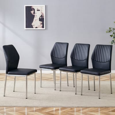 Eetkamerstoelen Set Van 4 - Eetkamerstoel - Eetkamerstoelen - Ergonomisch - Verticale embossing - Gewatteerde zitting - PU - Metalen stoelpoten - Modern Design - Zwart, zilver