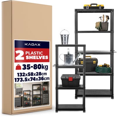 KADAX zware rekken set van 2: 132 x 58 x 28 cm en 174 x 74 x 36 cm, kunststof opbergrekken, kelderrekken, schroefloze rekken voor werkplaats, kelder, garage