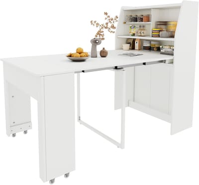 Uitschuifbare eettafel, L52/132,5*B80*H76cm, eenzijdig uitschuifbare tafel, opbergkast voor de eetkamer, eettafel met opbergruimte, rechthoekige eettafel, salontafel, ruimtebesparende multifunctionele eettafel, wit